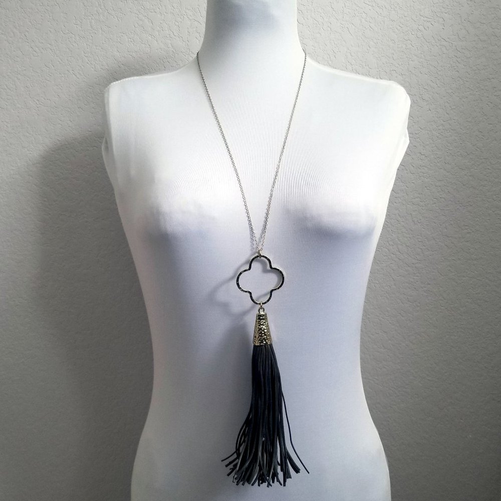 Spring Quatrefoil Clover Black Tassel Necklace